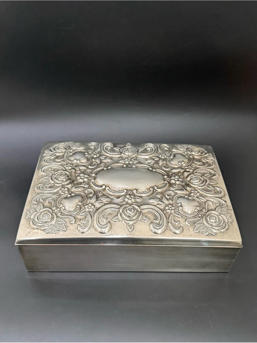 Vintage GODINGER Silver Plated Repousse Large Blue Velvet lined Jewelry Box
